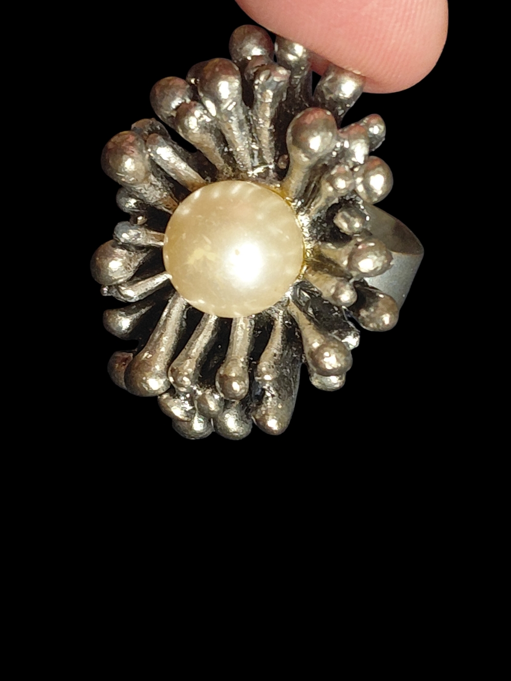 Silver Tone Pearl Burst Statement Ring